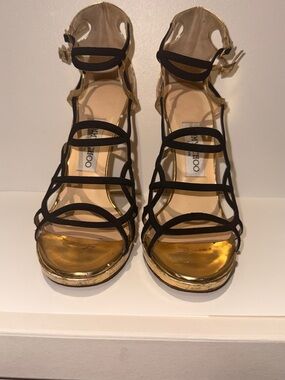 Jimmy Choo Gold and Black Multi-Strap Sandals